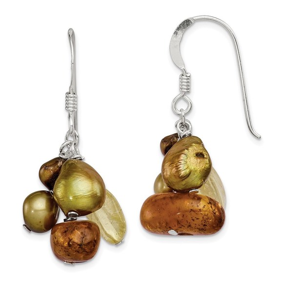 925 Sterling Silver Amber, Citrine FW Cultured Pearl Dangle Earrings 36 x 21 mm - Picture 1 of 4